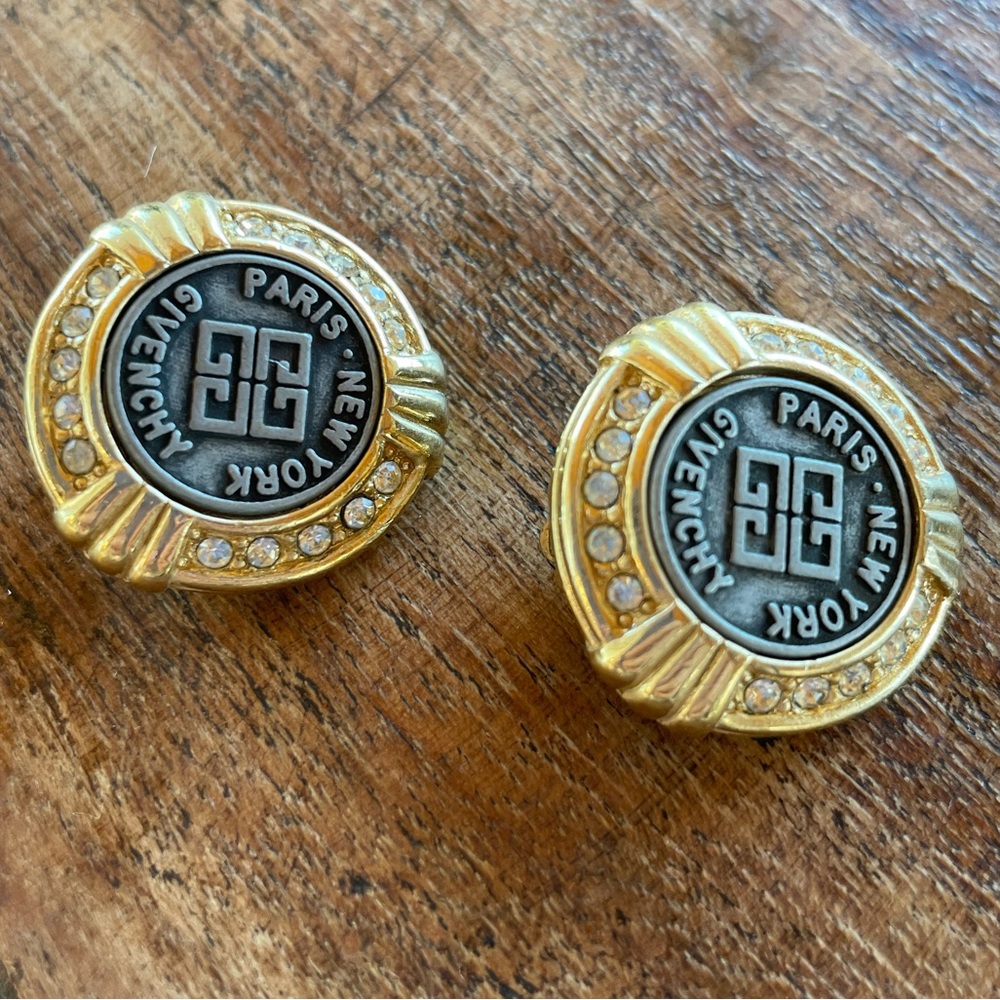 Rare Vintage Givenchy Paris New York CZ and Gold Signed Logo Clip Earrings